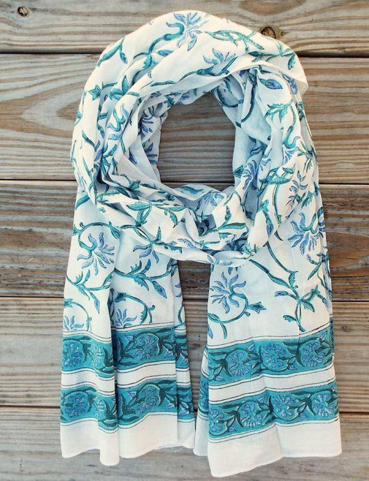 Vintage floral scarf draped loop, white base with blue flowers and teal hem border