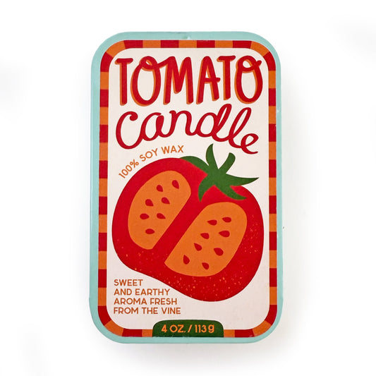 Tomato-scent soy candle tin with red tomato illustration and pale teal outer frame.