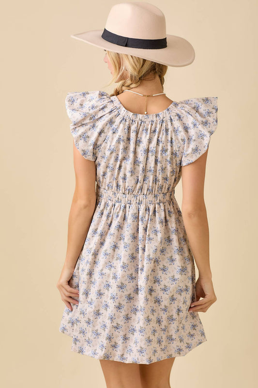Floral mini dress back with gathered waist and ruffled sleeves