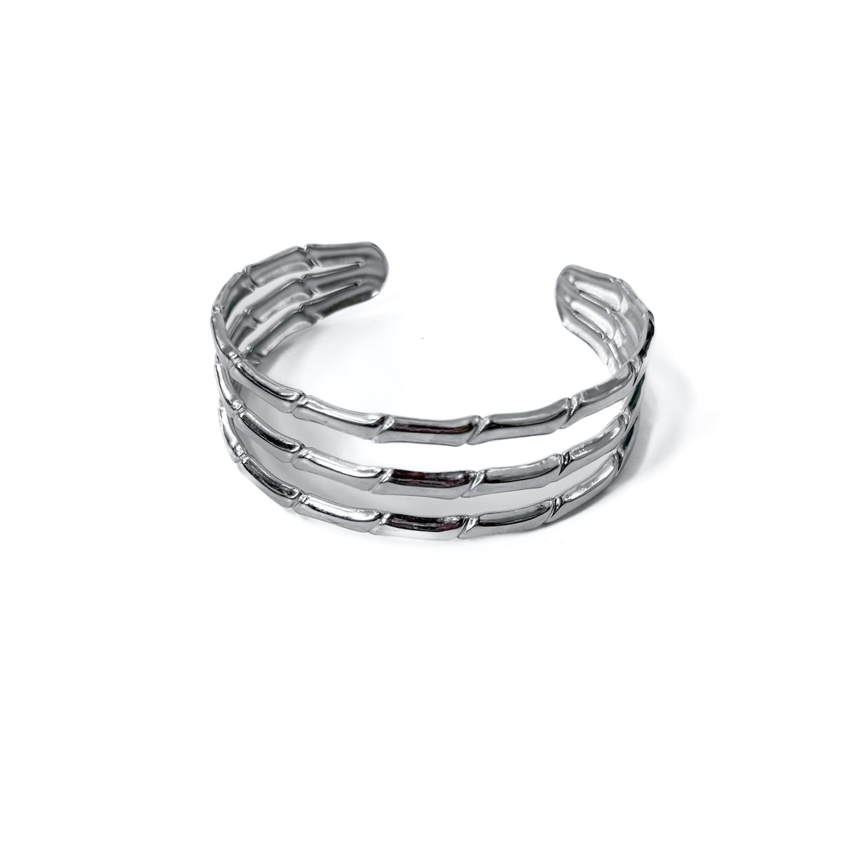 Silver bamboo tier open bangle bracelet with stacked bar links, open cuff style