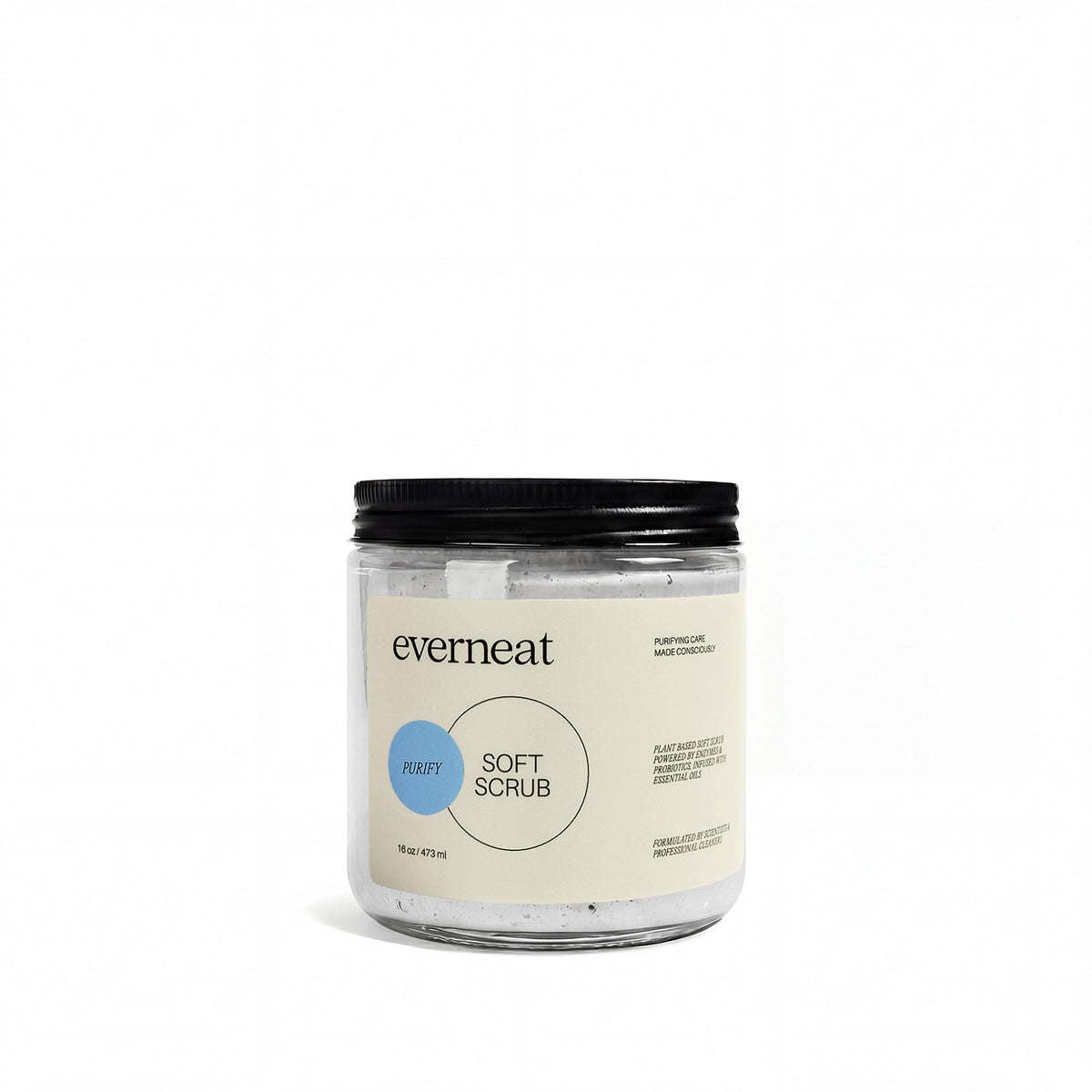 Purifying soft scrub in a glass jar with black screw-top lid