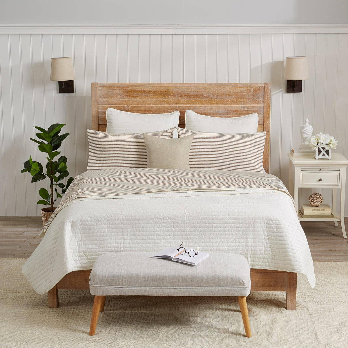 Striped microfiber sheet set with quilted top, white with green stripe bedding