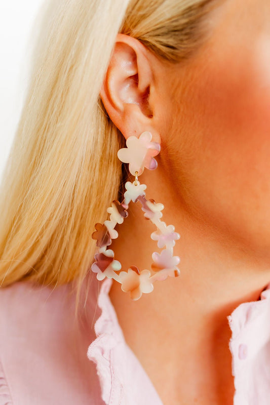 Pastel floral drop earrings with small flower tops and dangling scalloped hoops