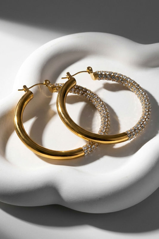 Bianca waterproof crystal hoop earrings, gold hoops with crystal pavé accents
