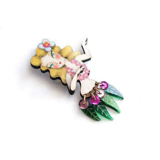 Laliblue hula girl brooch with blonde headband, pink flowers, and green leaf skirt