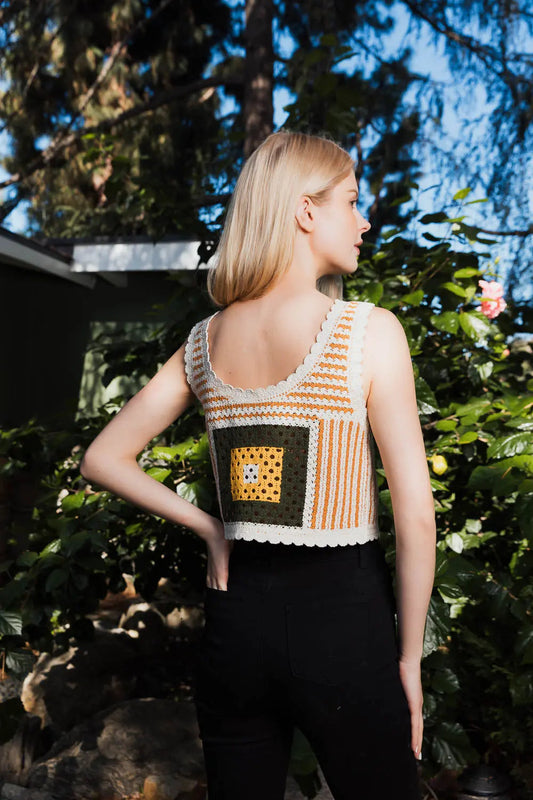 Multicolor crochet tank top with square front panel and scalloped hem