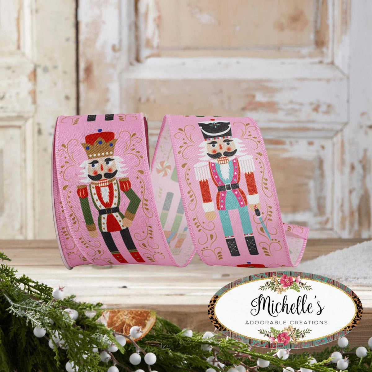 Pink nutcracker scroll ribbon with two character panels, coiled on display