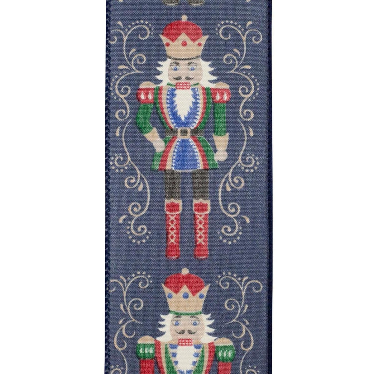 Blue ribbon with repeating nutcracker in red crown and gold scrollwork, vertical