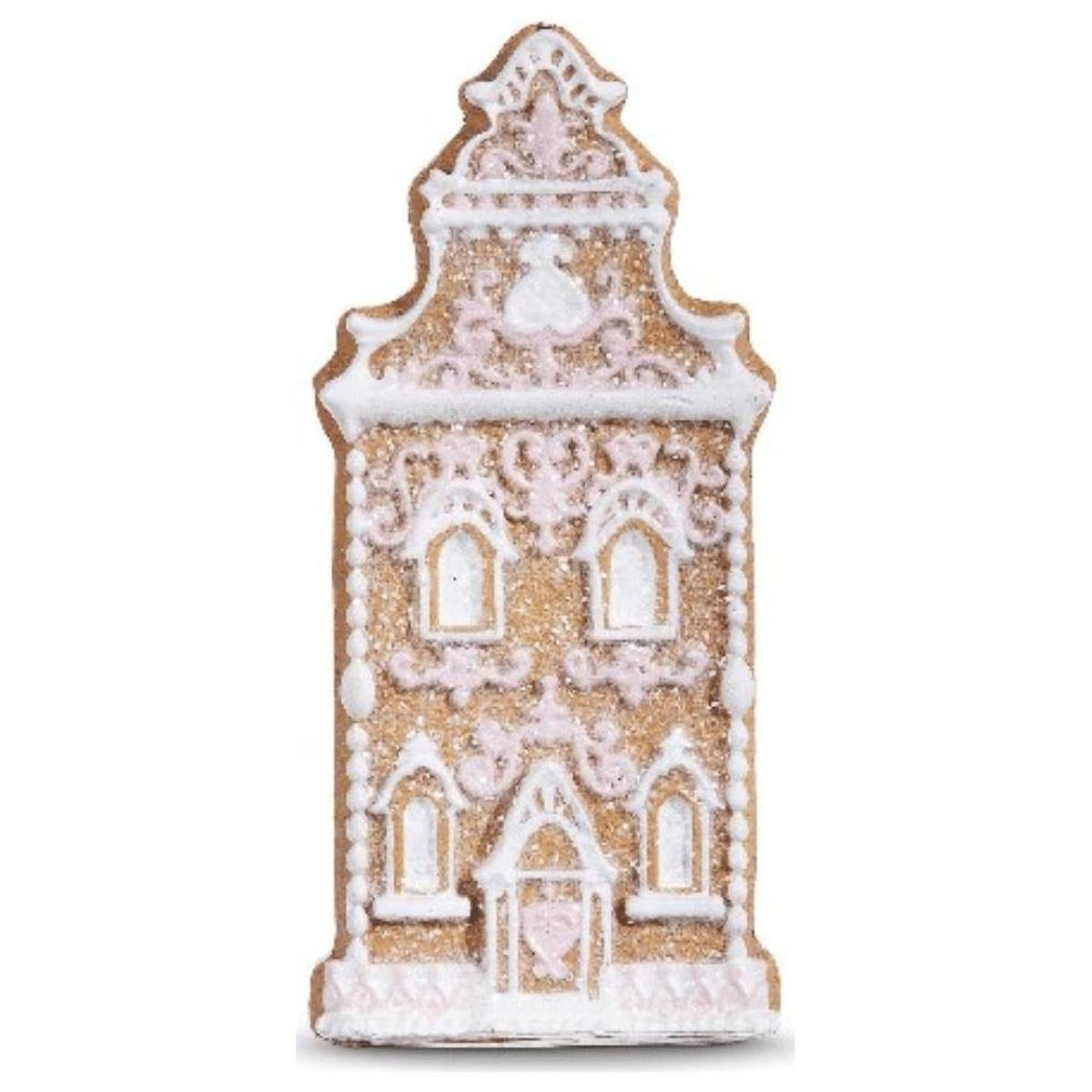 Tall church ornament with white frosting, brown trim, and glittery facade details