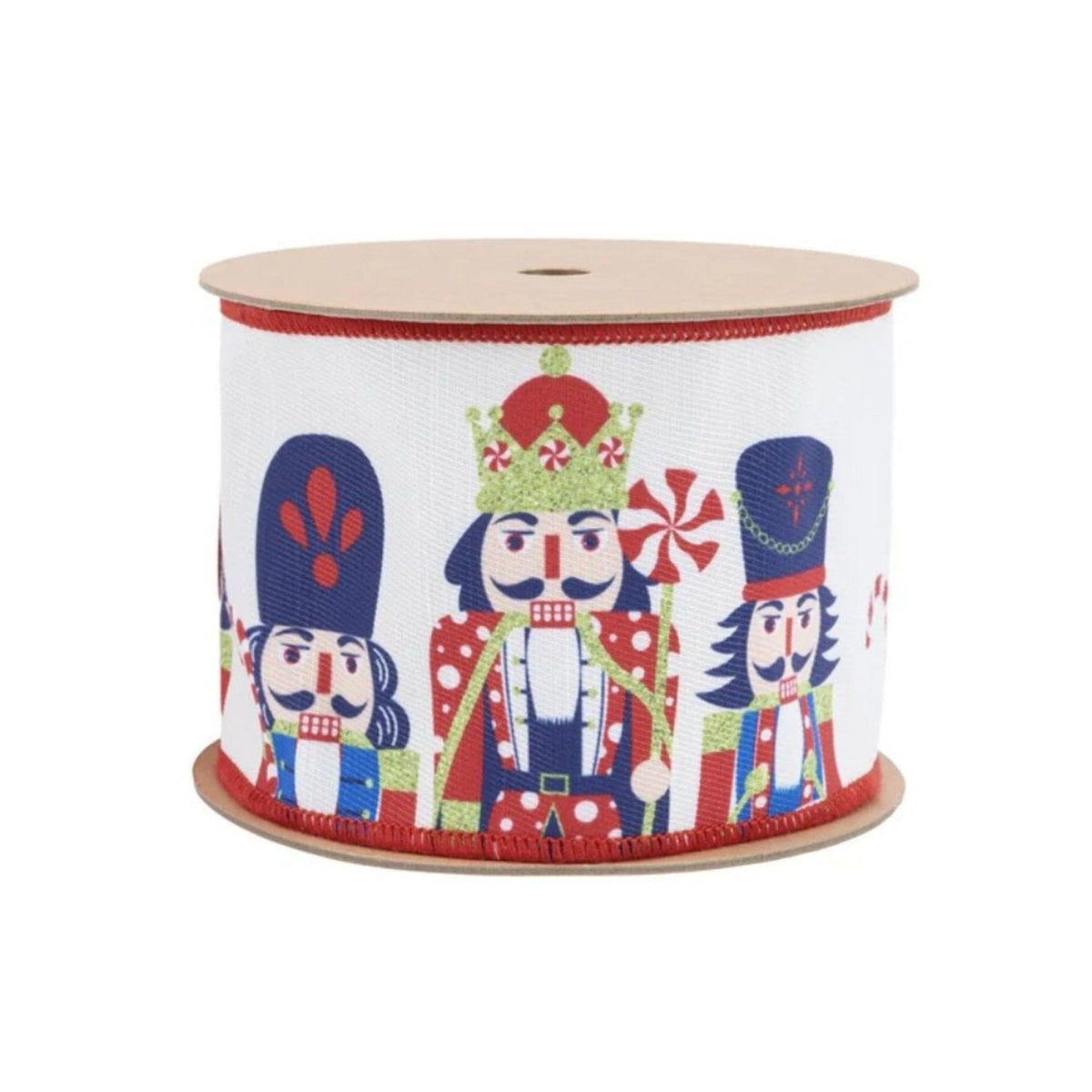 White dupioni ribbon roll with repeating nutcracker characters and red trim