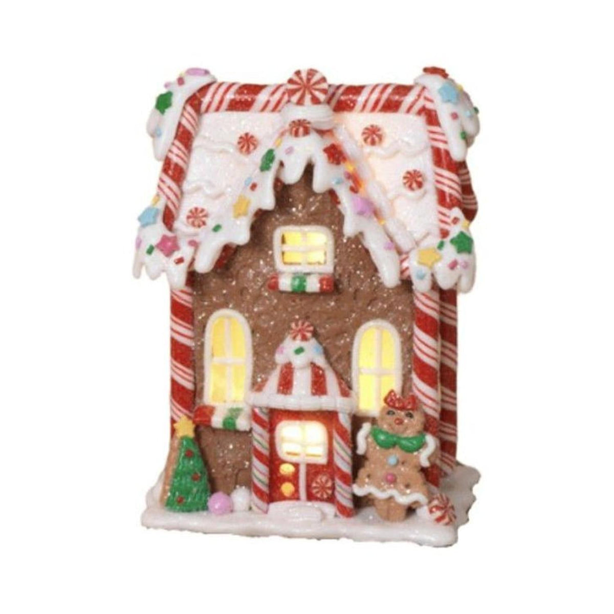 Miniature gingerbread-style house with red-and-white striped roof and glowing window lights