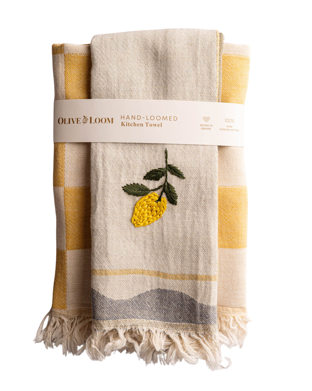 Hand-loomed kitchen towel set, lemon embroidery on cream towels with yellow check border