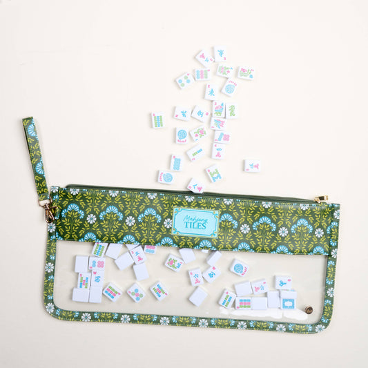 Forest green patterned Mahjong tile keeper pouch with zipper and snap button