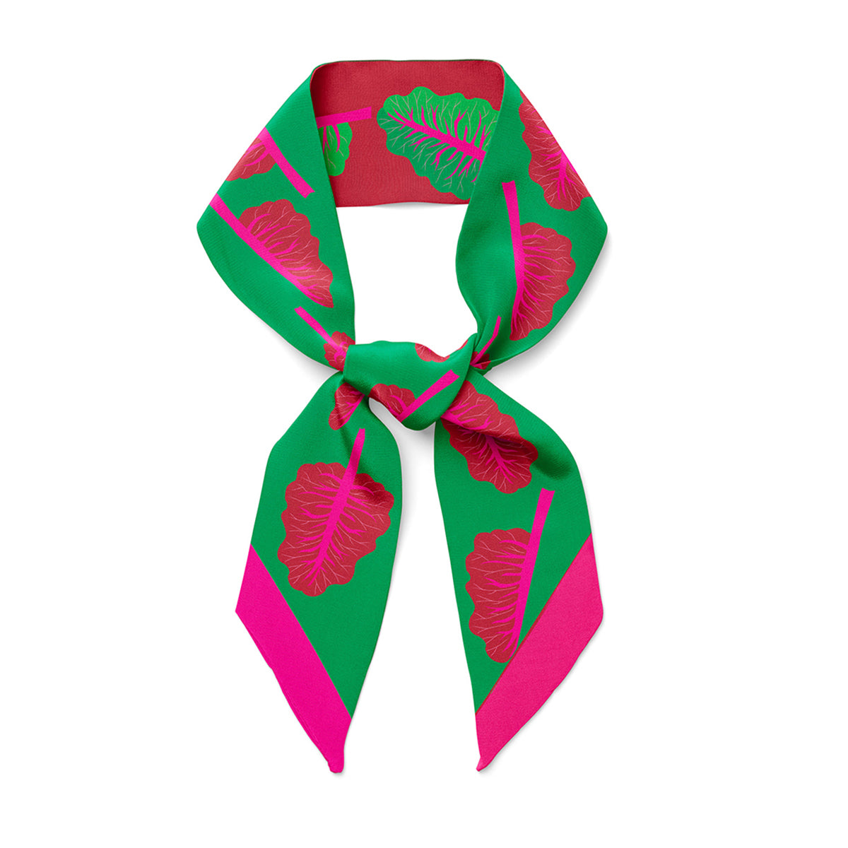 Twilly ribbon scarf, green and magenta leaf pattern, loose neck tie