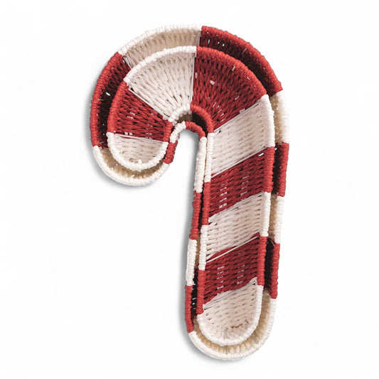 Candy cane striped woven basket with curved handles, nested set, red and white