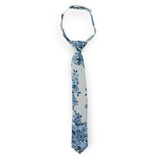 Boys blue floral necktie with leaf pattern, narrow width