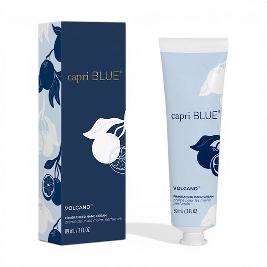 Capri Blue Volcano hand cream tube with blue floral graphic, 89 mL