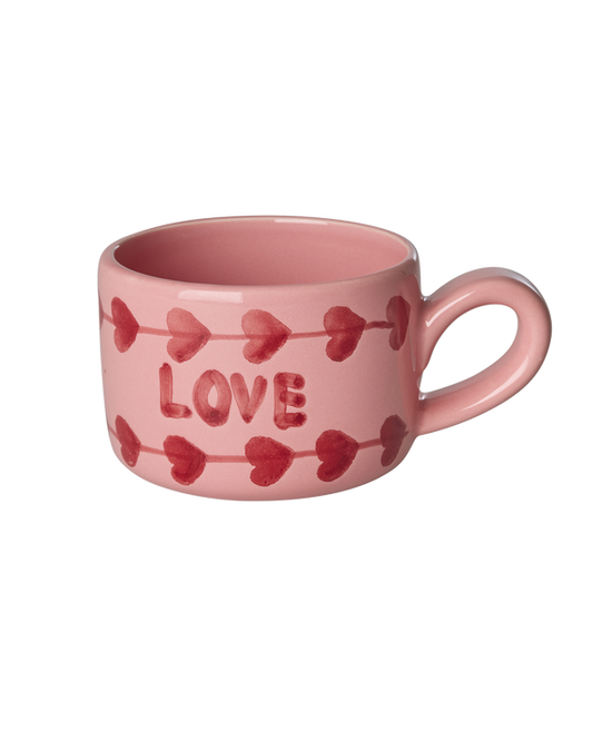 Pink ceramic cappuccino cup with red hearts and hand-painted LOVE