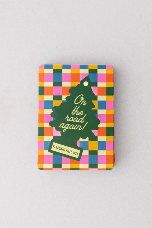 Colorful plaid playing card deck back with illustrated graphic and text