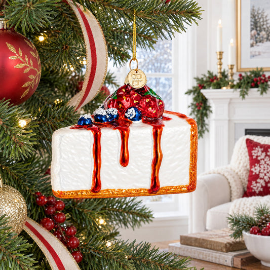 Glass cheesecake slice ornament with red berries, blue crumb clusters, orange drips, gold hanging loop