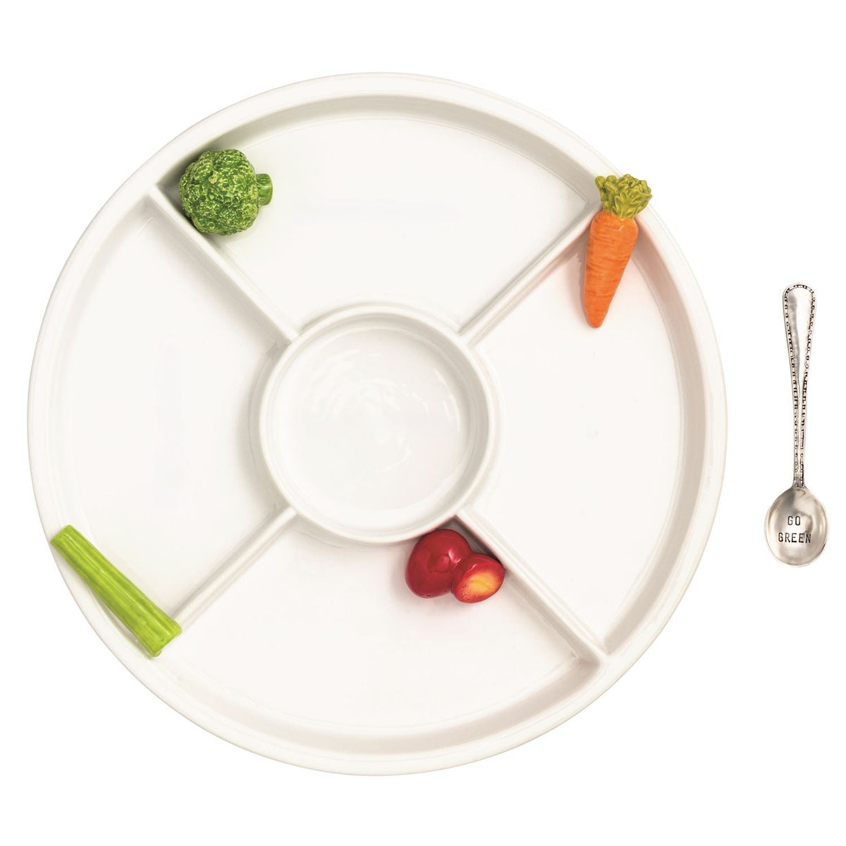 Ceramic crudité server with spoon and vegetable-shaped accents