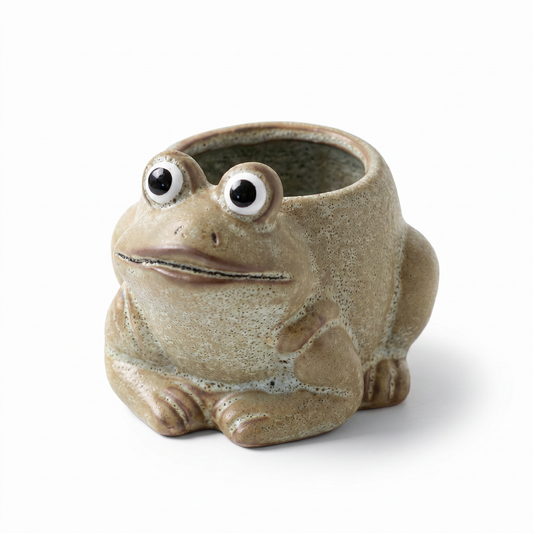 Ceramic frog mini planter with wide eyes and open mouth, beige-green bowl top