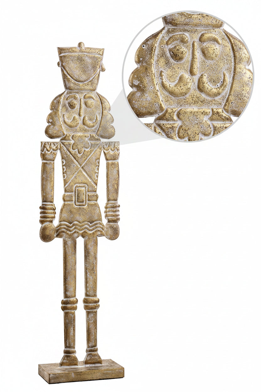 41.5-inch antique gold metal nutcracker with tall hat, mustache, patterned uniform, and rectangular base