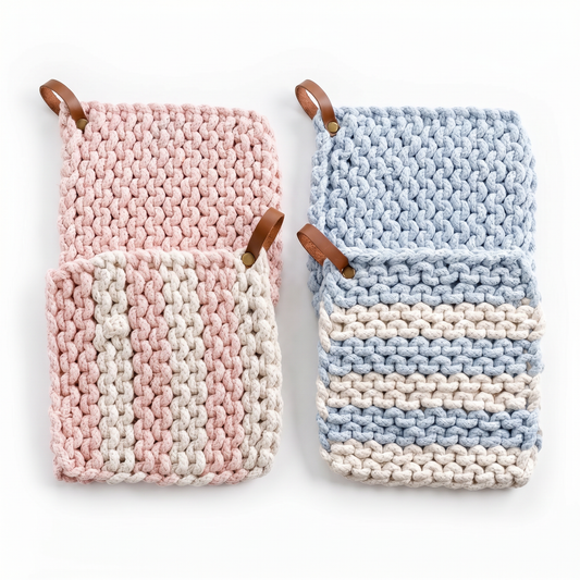 Chunky knit cotton pot holders, pink and light blue with cream stripe pattern