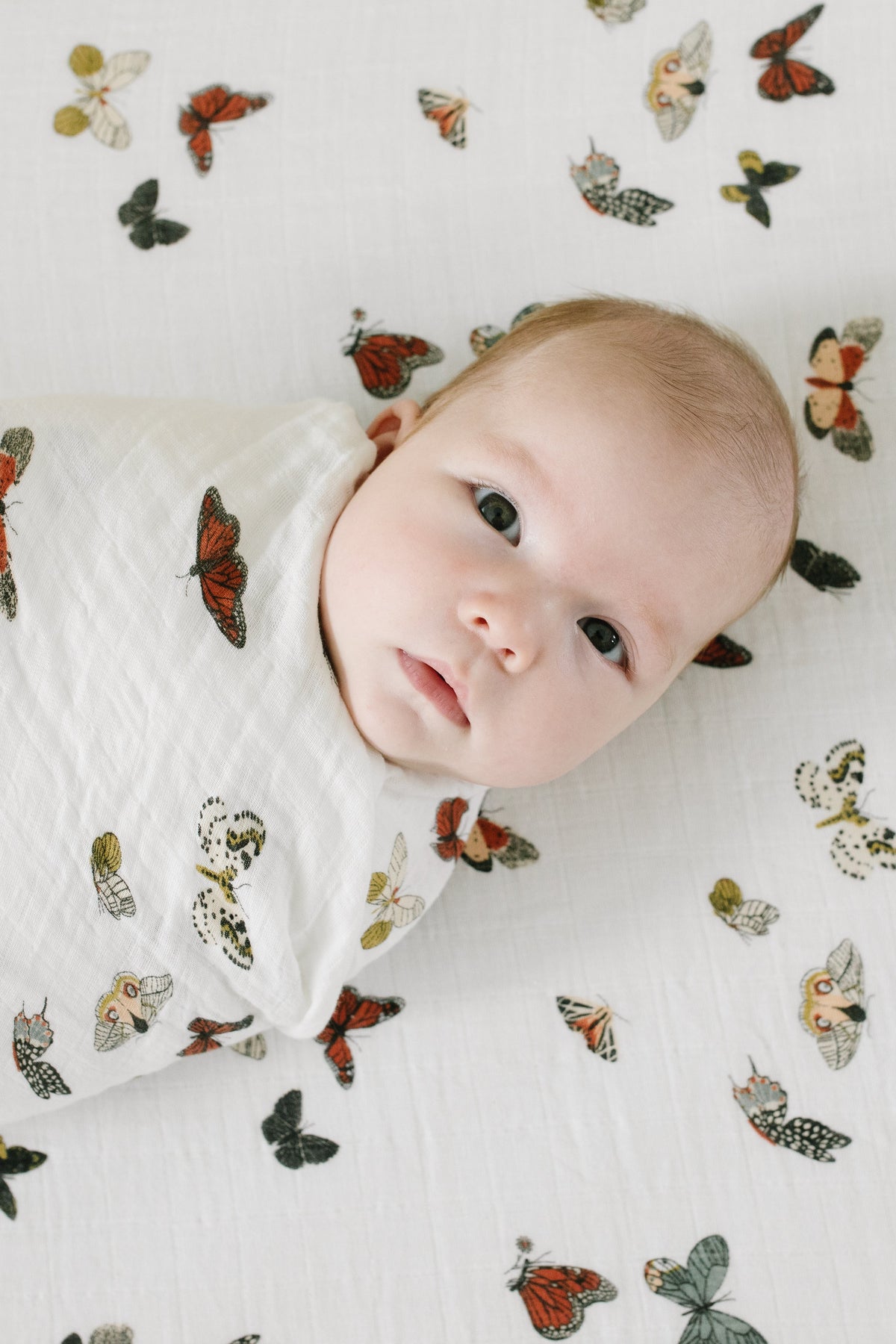 Off-white crib sheet with colorful butterflies, baby lying on patterned fabric