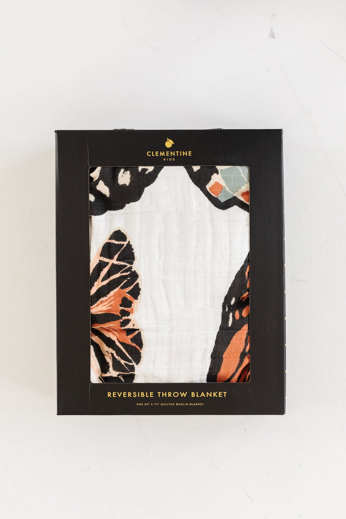 Clementine reversible throw blanket in box, white fabric with butterfly print