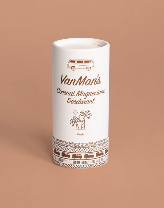 VanMan's vanilla magnesium deodorant stick in white container with decorative bus and island icons.