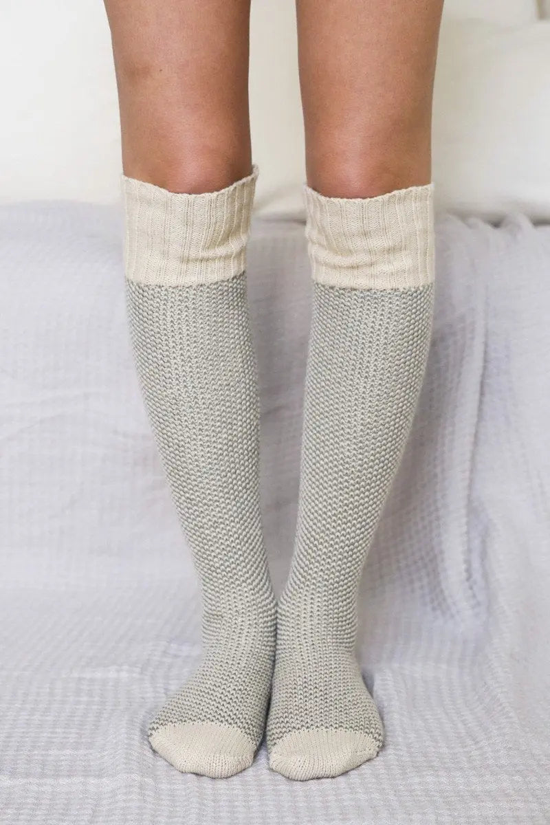Ribbed knit lounge socks in oatmeal cream with heathered knit lower legs