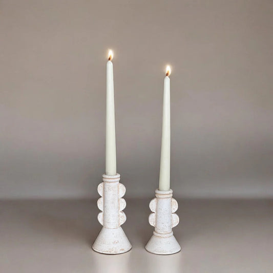 Luna candle holders (pair) in distressed white with bead-pattern stems, for two pillar candles