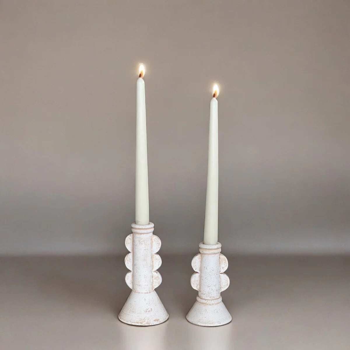 Luna candle holders (pair) in distressed white with bead-pattern stems, for two pillar candles