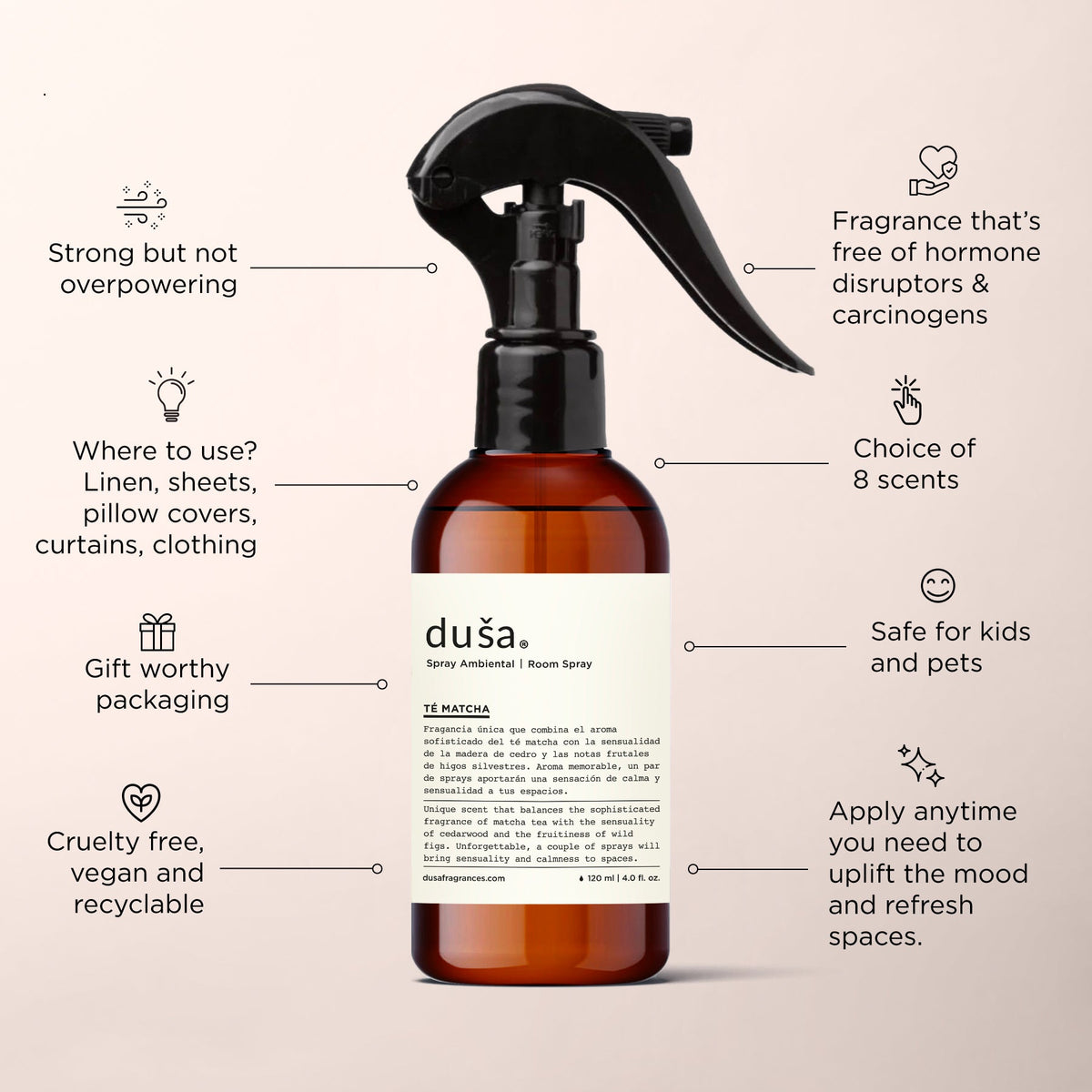 Room & linen spray bottle with amber glass and black trigger sprayer, front label