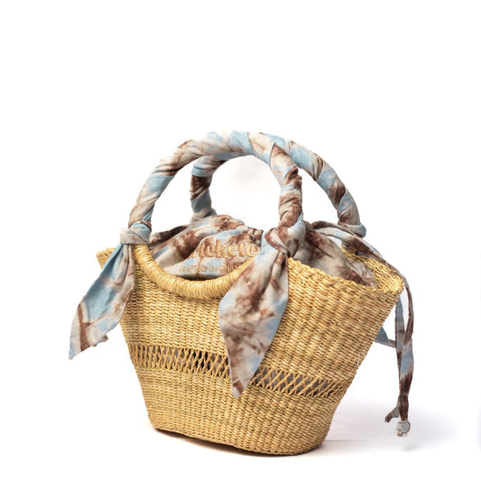 Small straw woven butterfly bag with light blue and brown/white scarf tie handles