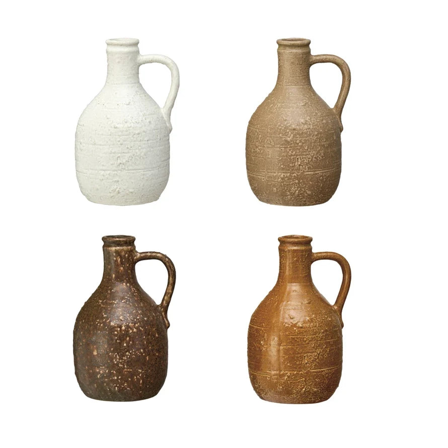 Ceramic jugs set of four with loop handles in ivory, tan, dark brown, bronze