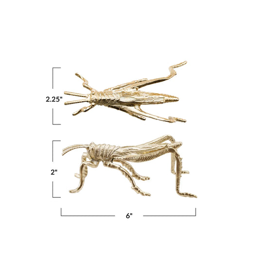 Gold-finished pewter grasshopper ornament, two-piece set with 6 in width