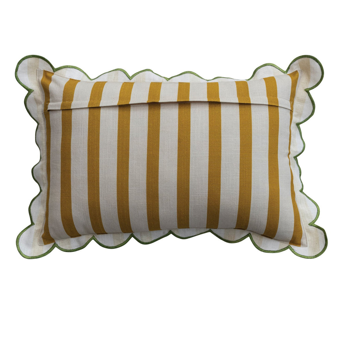 Cotton lumbar throw pillow, yellow and white vertical stripes, scalloped edges