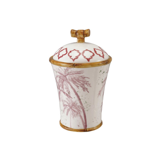 Hand-painted ceramic canister with palm trees, gold rim and knobbed lid