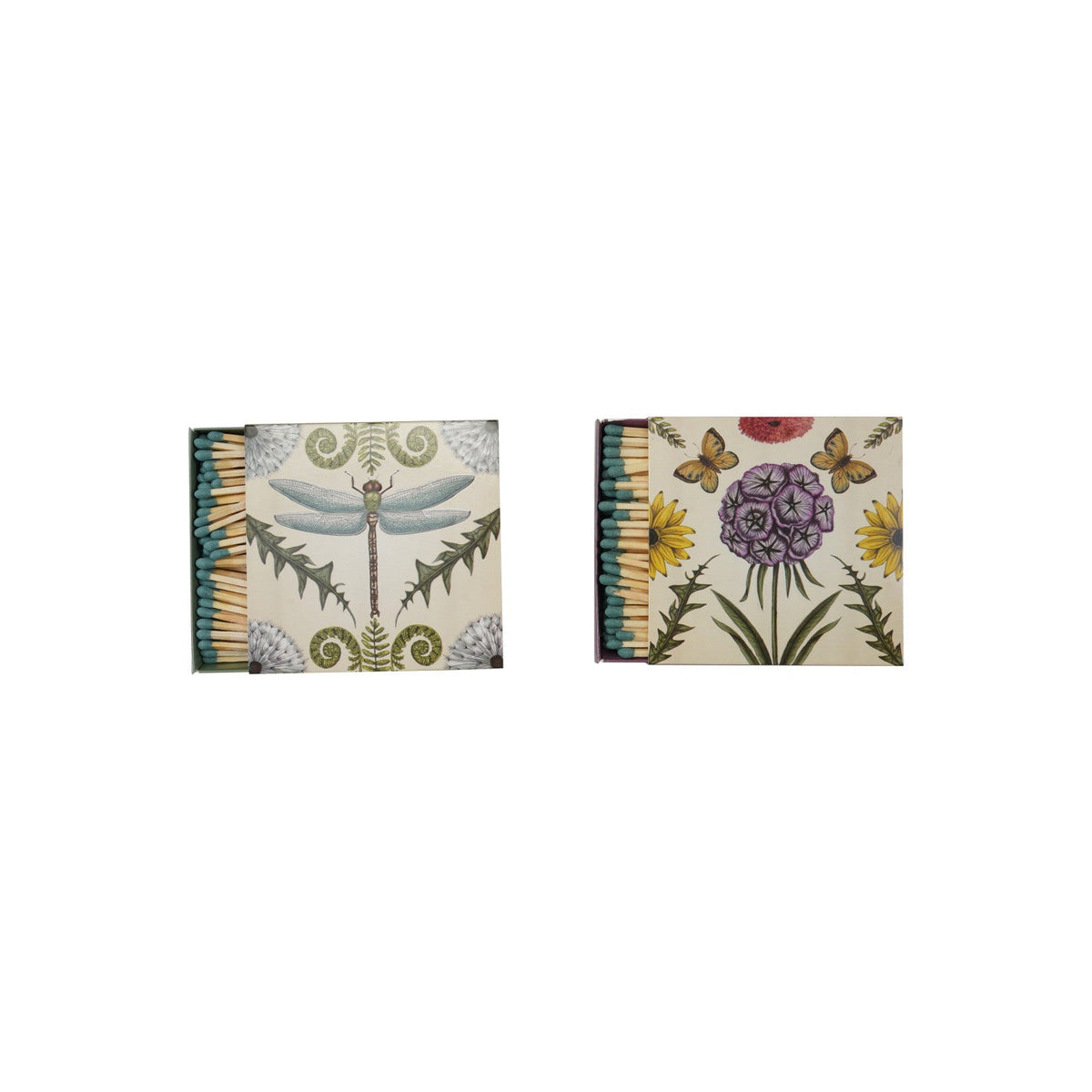 Two safety matchbooks with dragonfly and floral botanical designs, match tips visible