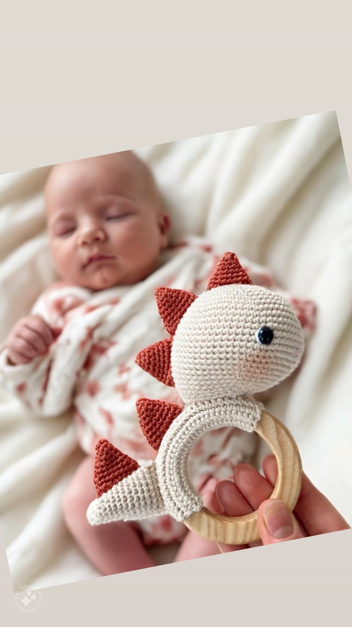 Handmade dinosaur rattle teether with textured fabric and wooden ring, teething-safe