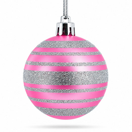 Pink and gray glitter striped mini Christmas ornament ball with silver cap and loop
