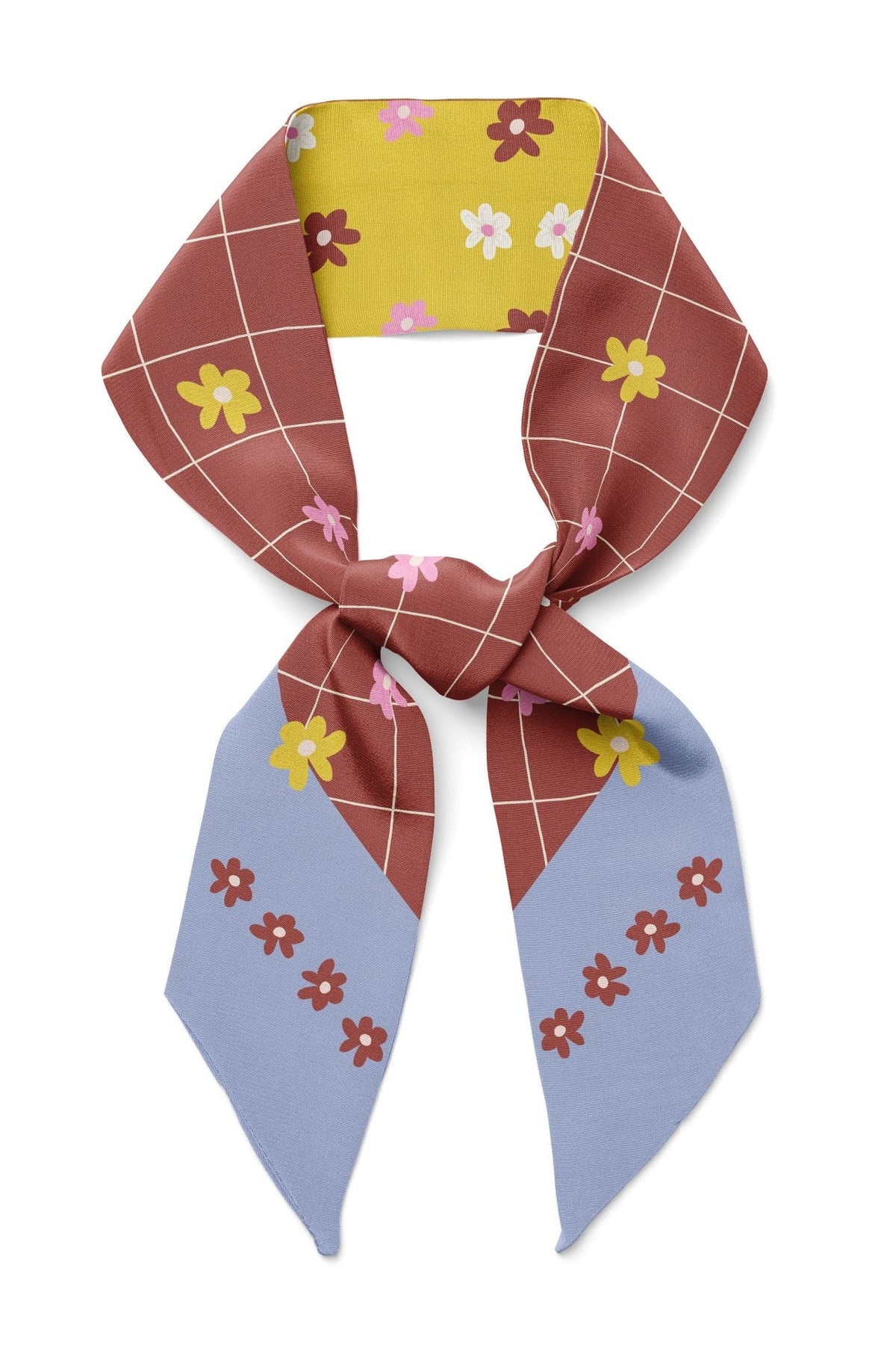Cat and flower twilly scarf, maroon grid top with yellow center and light-blue tails