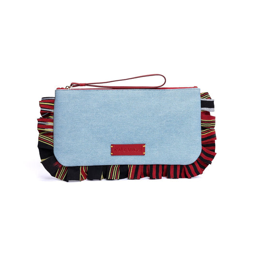 Light blue denim clutch with rounded flap, fringed striped trim, and red zipper