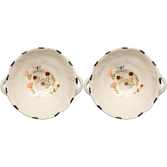 Set of 2 cream footed bowls with cat floral art and black dot rim handles