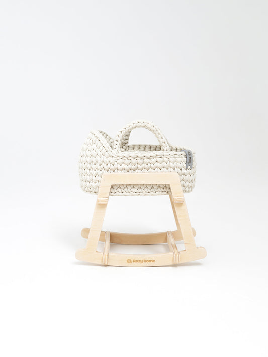 Mini doll moses basket with rocking stand, cream woven basket with curved handle