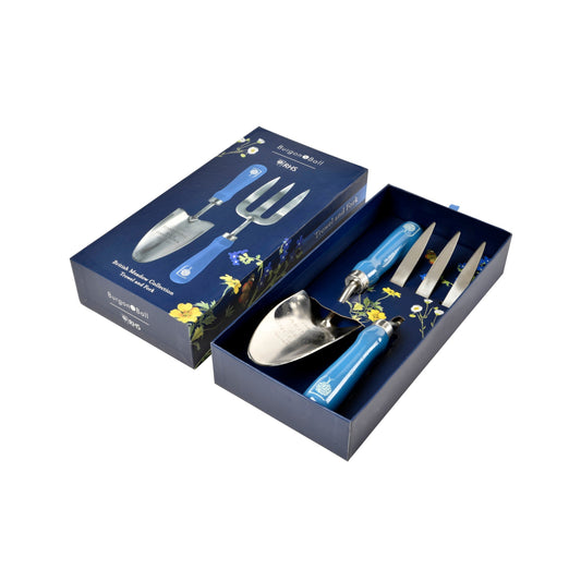 Trowel and fork set in a blue presentation box with printed garden flowers
