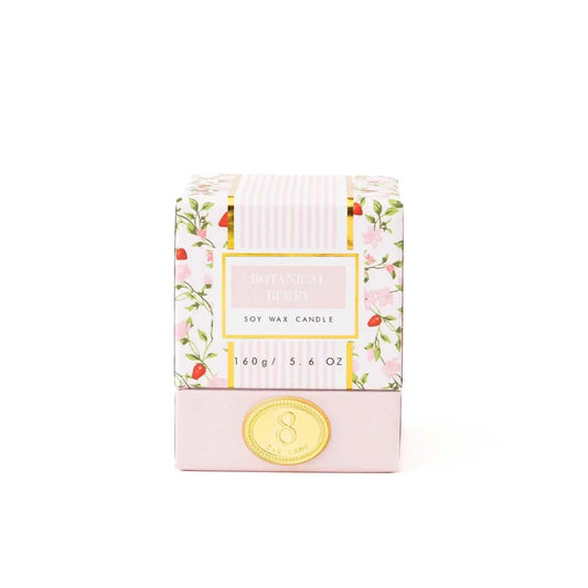 Boxed 5.6 oz soy wax candle gift box with botanical berry floral design and gold seal
