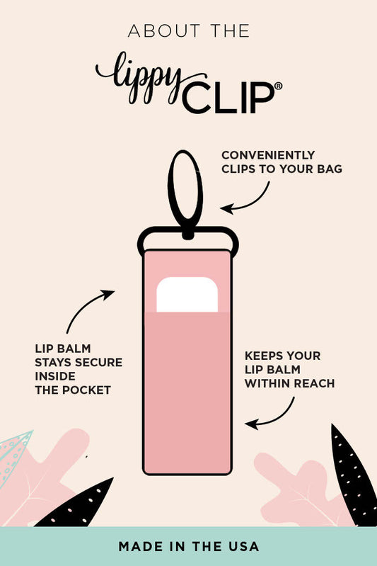 LippyCLIP lip balm holder infographic: clips to bag, keeps lip balm within reach